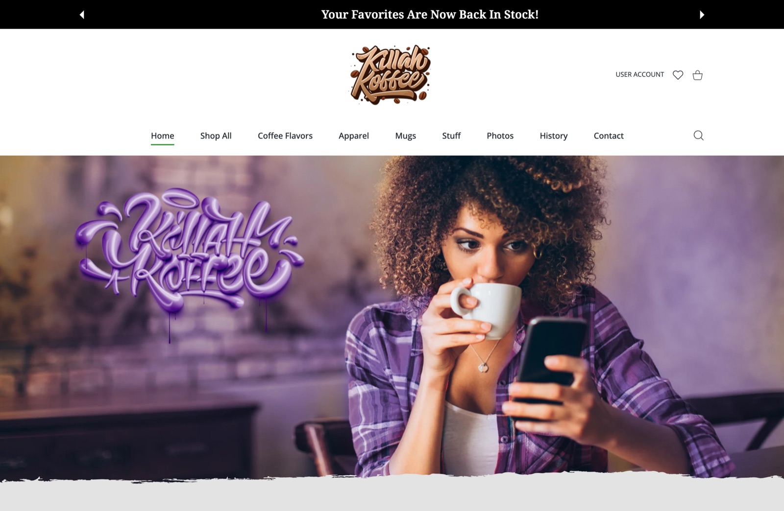 Killah Koffee homepage — Shopify storefront for Ghostface Killah's coffee brand, showing the hand-lettered logo over a graffiti-style hero.