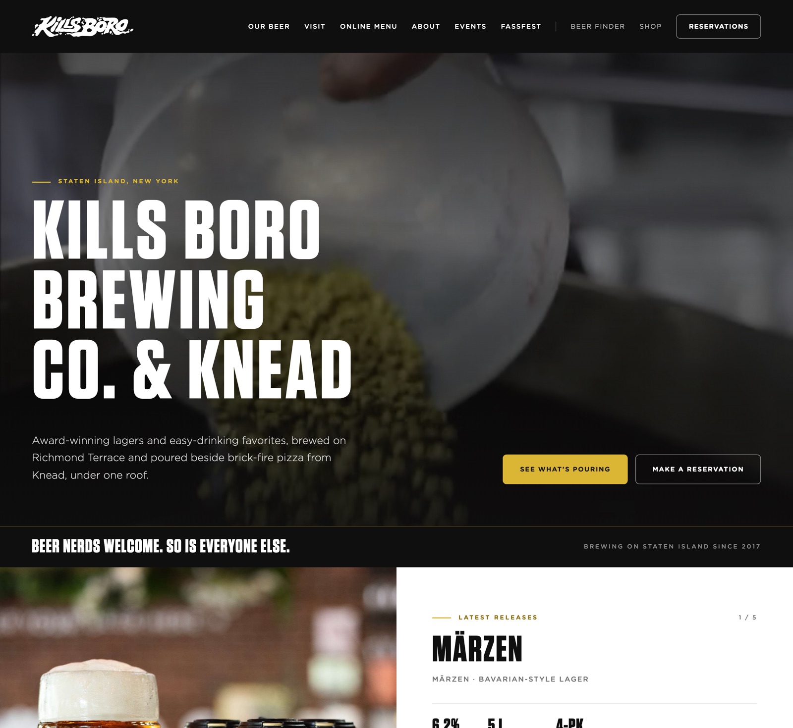 Kills Boro Brewing Co. homepage — full-bleed brewhouse photography behind heavy condensed display type.
