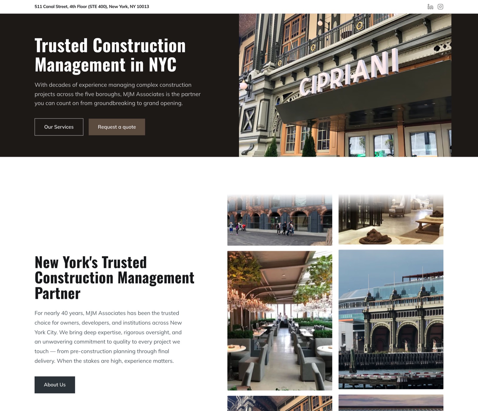 MJM Associates homepage — New York construction management site with a split hero over a Cipriani building photograph.