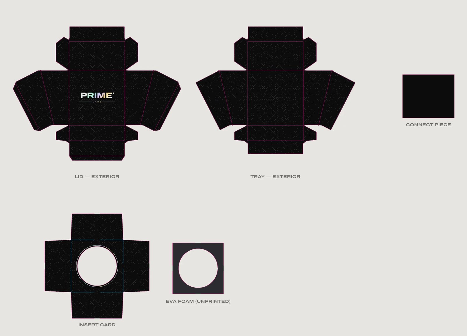 Prime Labs hash 5ml jar box, full dieline set — lid, tray, connect piece, insert card and EVA foam insert, with cut and fold lines.