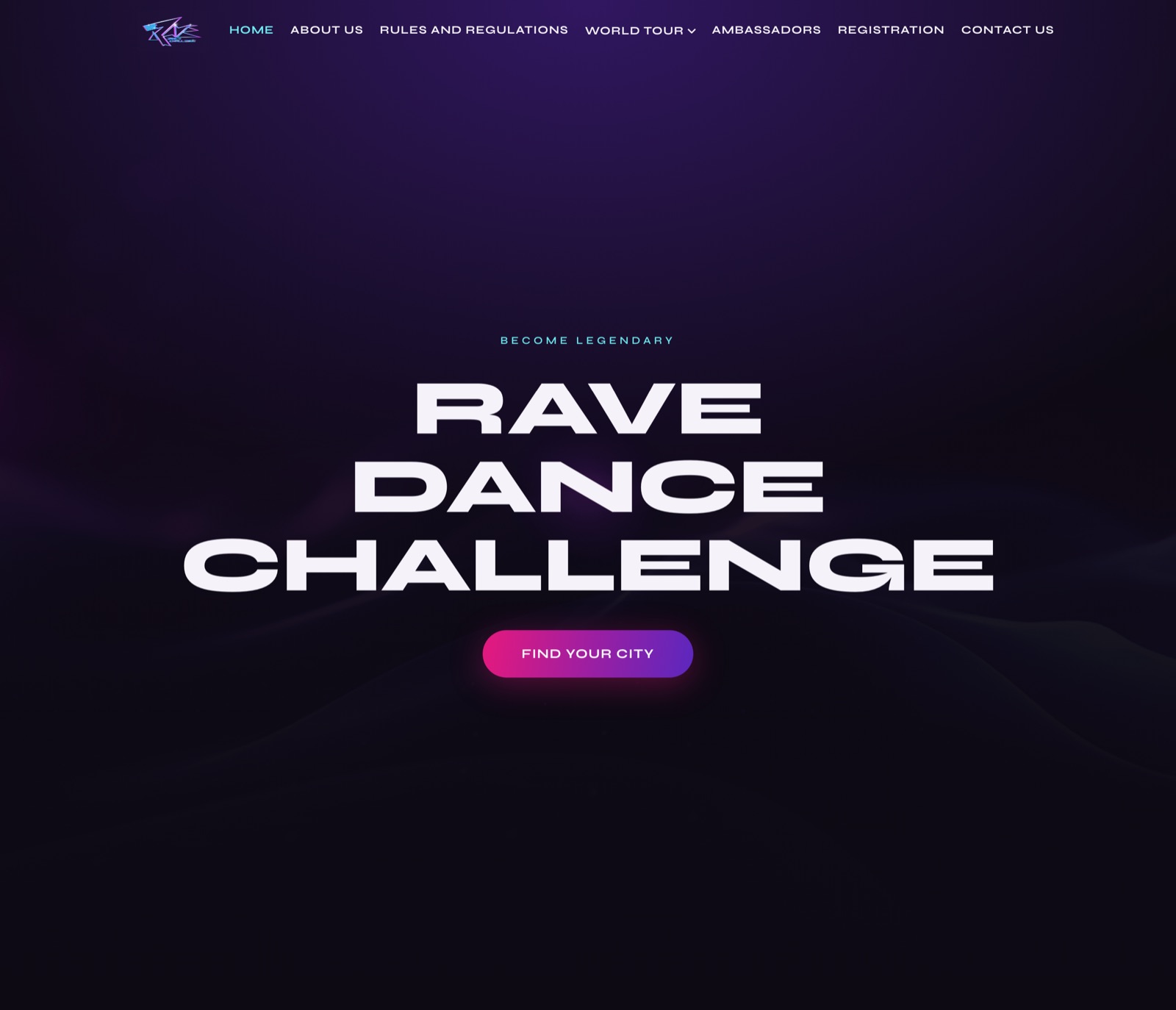 RAVE Dance Challenge homepage — dark gradient hero with oversized display type for a national dance competition tour.